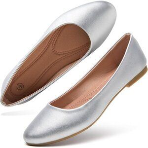 Women's Silver PU Leather Closed Toe Slip on Comfortable Ballet Flats Shoes